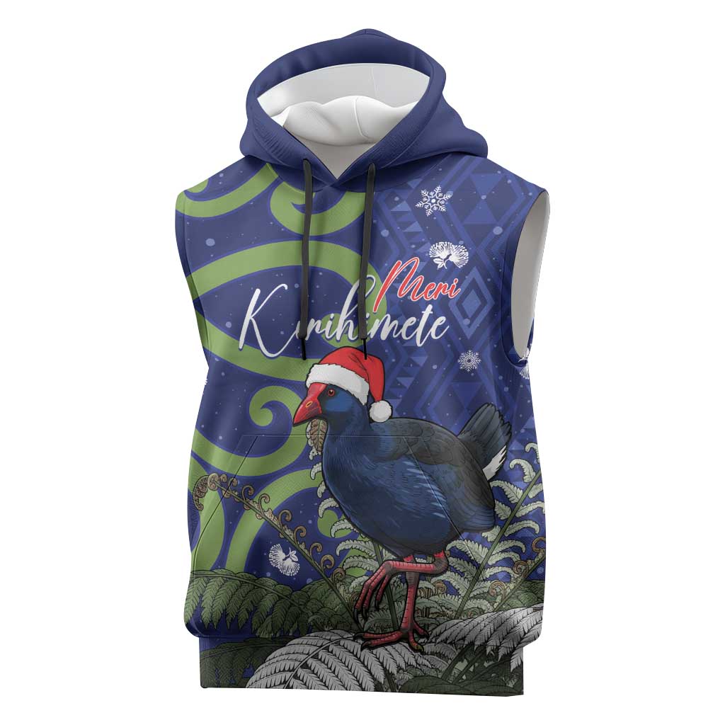 Personalized New Zealand Pukeko Christmas Sleeveless Hoodie Meri Kirihimete Taniko Ponga Koru Blue - Aussie Hoodie