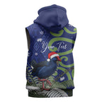 Personalized New Zealand Pukeko Christmas Sleeveless Hoodie Meri Kirihimete Taniko Ponga Koru Blue - Aussie Hoodie