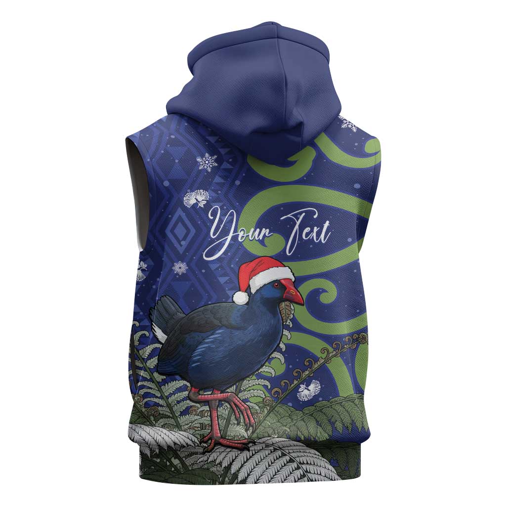 Personalized New Zealand Pukeko Christmas Sleeveless Hoodie Meri Kirihimete Taniko Ponga Koru Blue - Aussie Hoodie