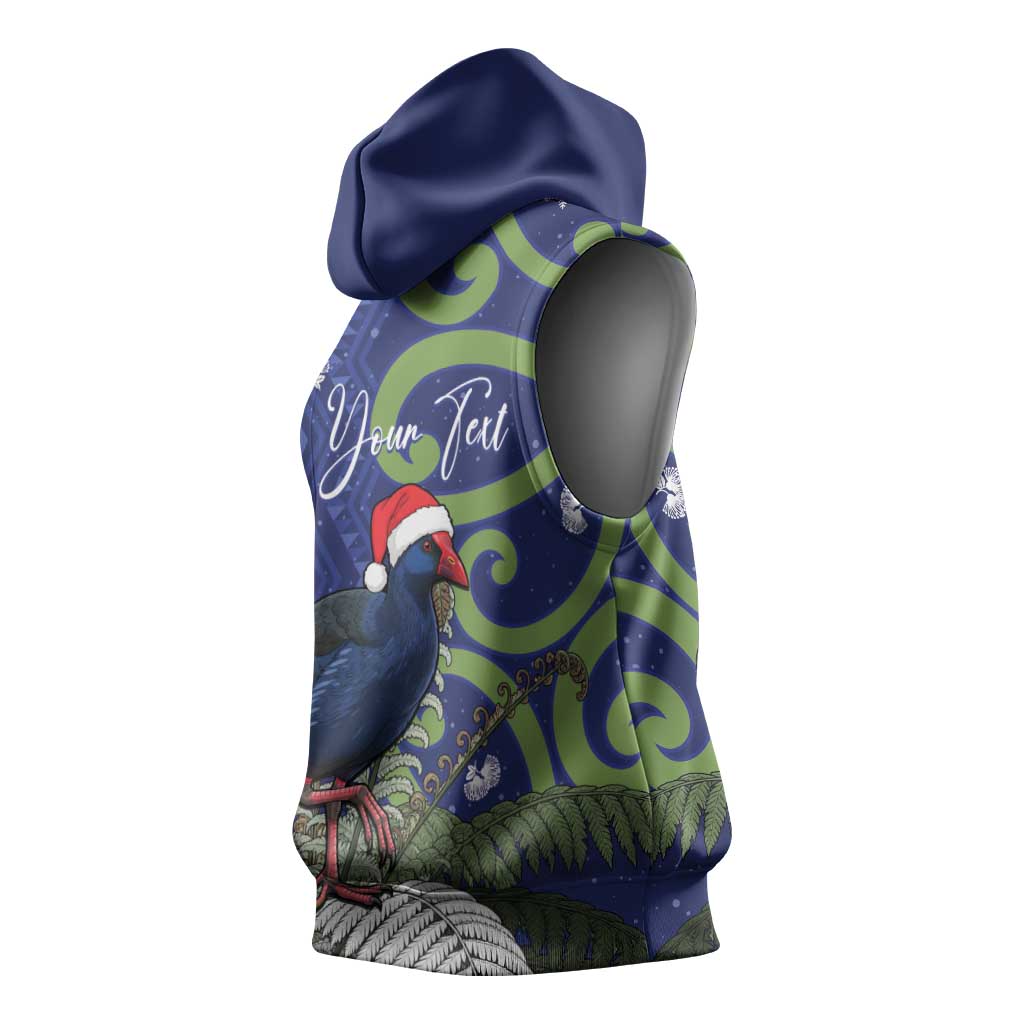 Personalized New Zealand Pukeko Christmas Sleeveless Hoodie Meri Kirihimete Taniko Ponga Koru Blue - Aussie Hoodie