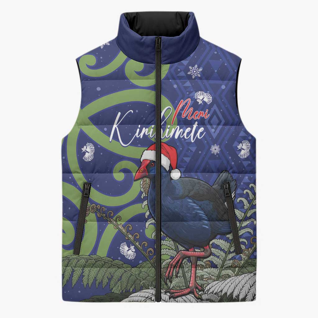 Personalized New Zealand Pukeko Christmas Sleeveless Puffer Jacket Meri Kirihimete Taniko Ponga Koru Blue - Aussie Hoodie