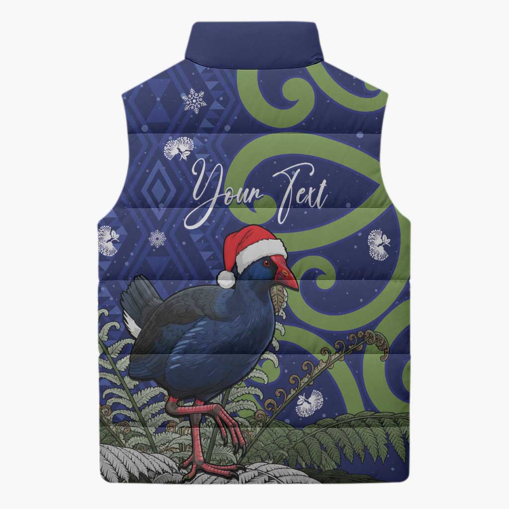 Personalized New Zealand Pukeko Christmas Sleeveless Puffer Jacket Meri Kirihimete Taniko Ponga Koru Blue - Aussie Hoodie