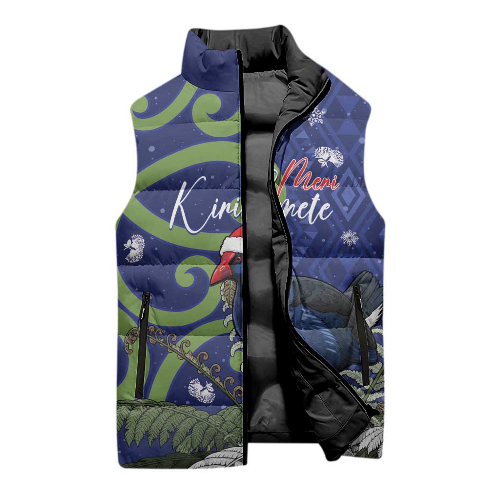 Personalized New Zealand Pukeko Christmas Sleeveless Puffer Jacket Meri Kirihimete Taniko Ponga Koru Blue - Aussie Hoodie