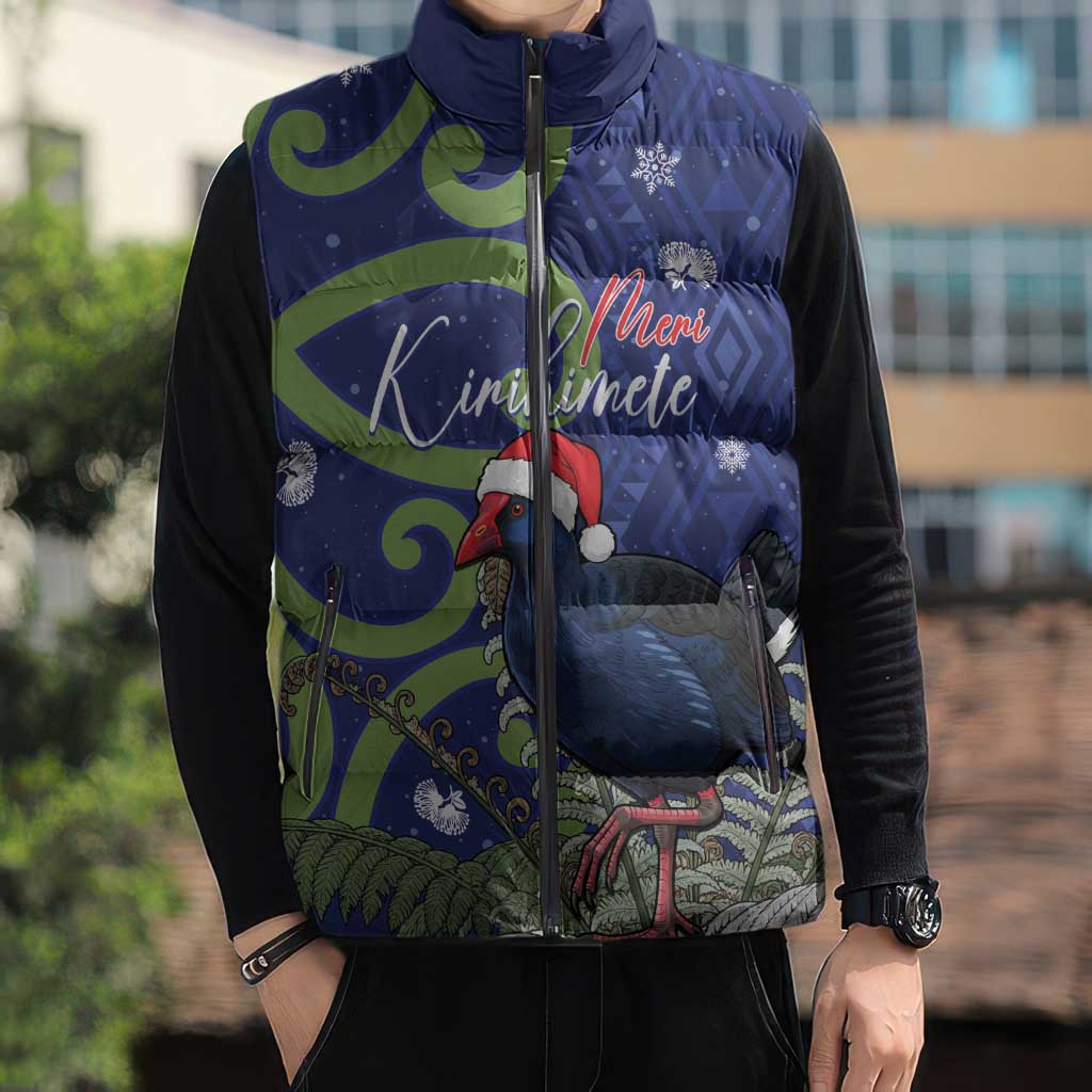 Personalized New Zealand Pukeko Christmas Sleeveless Puffer Jacket Meri Kirihimete Taniko Ponga Koru Blue - Aussie Hoodie