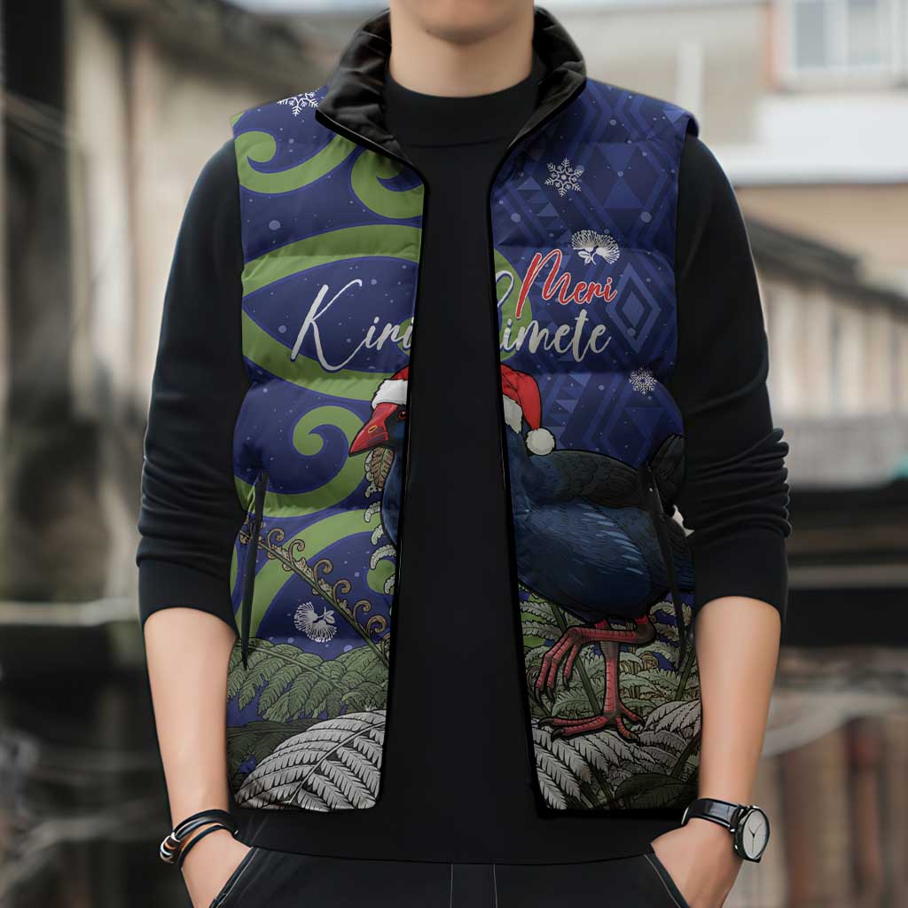 Personalized New Zealand Pukeko Christmas Sleeveless Puffer Jacket Meri Kirihimete Taniko Ponga Koru Blue - Aussie Hoodie