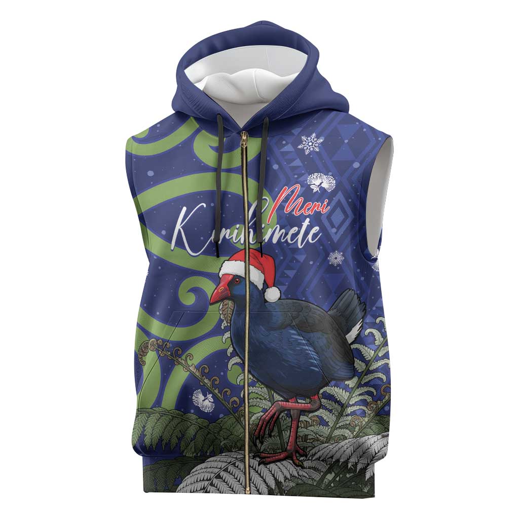 Personalized New Zealand Pukeko Christmas Sleeveless Zip Hoodie Meri Kirihimete Taniko Ponga Koru Blue - Aussie Hoodie