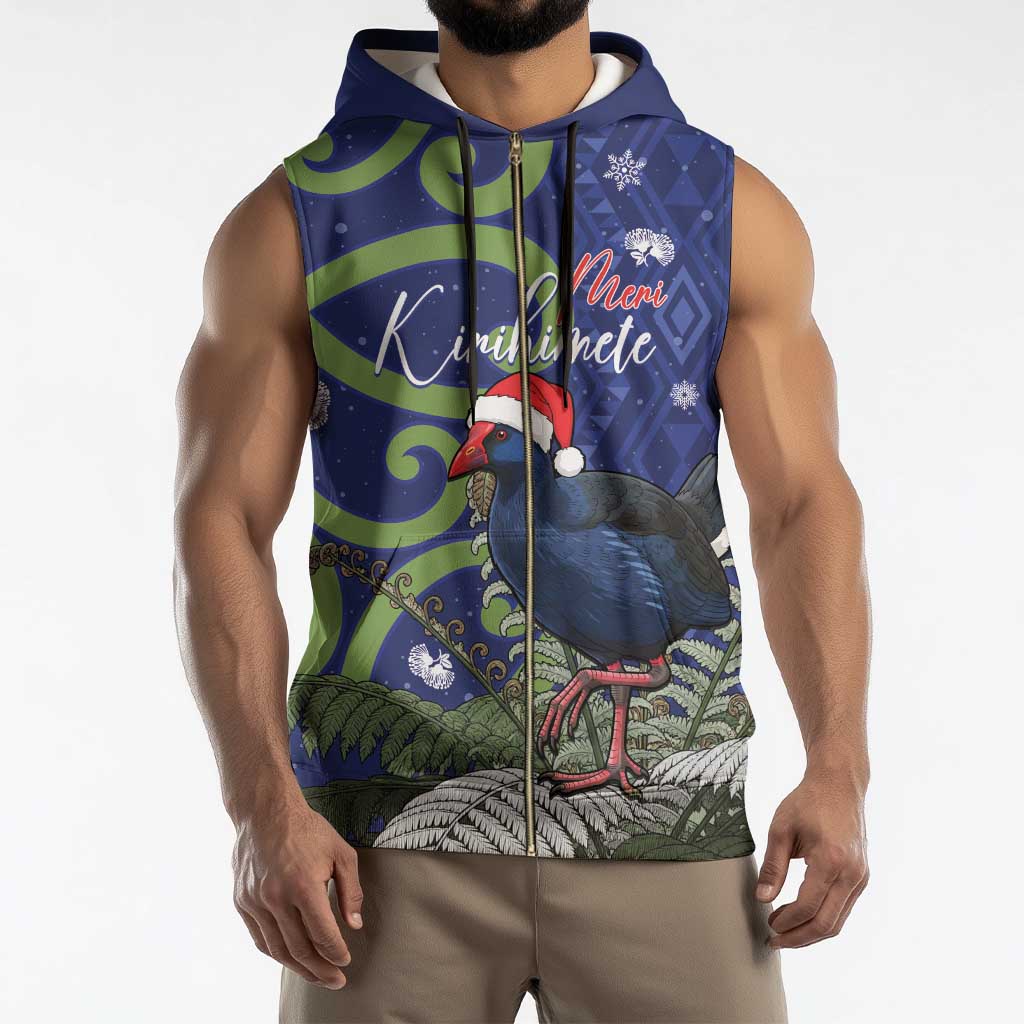 Personalized New Zealand Pukeko Christmas Sleeveless Zip Hoodie Meri Kirihimete Taniko Ponga Koru Blue - Aussie Hoodie