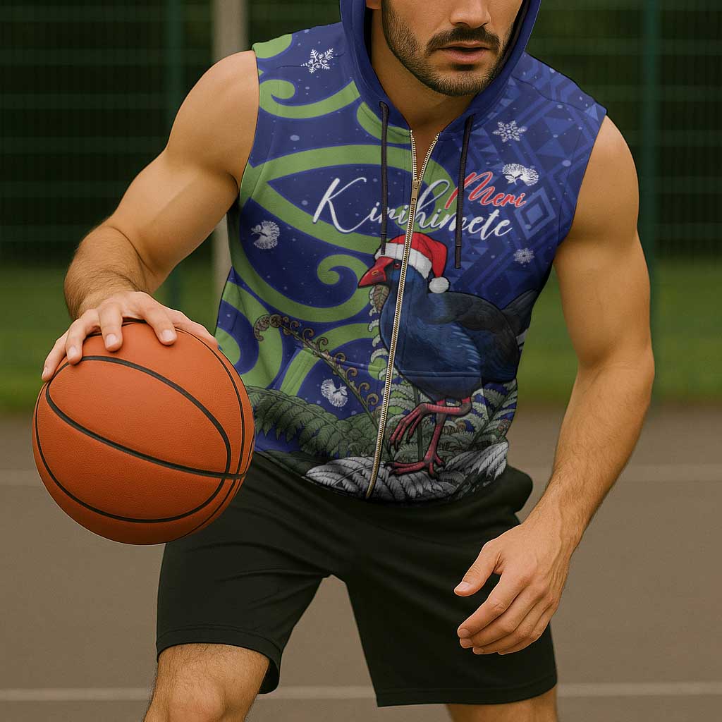 Personalized New Zealand Pukeko Christmas Sleeveless Zip Hoodie Meri Kirihimete Taniko Ponga Koru Blue - Aussie Hoodie