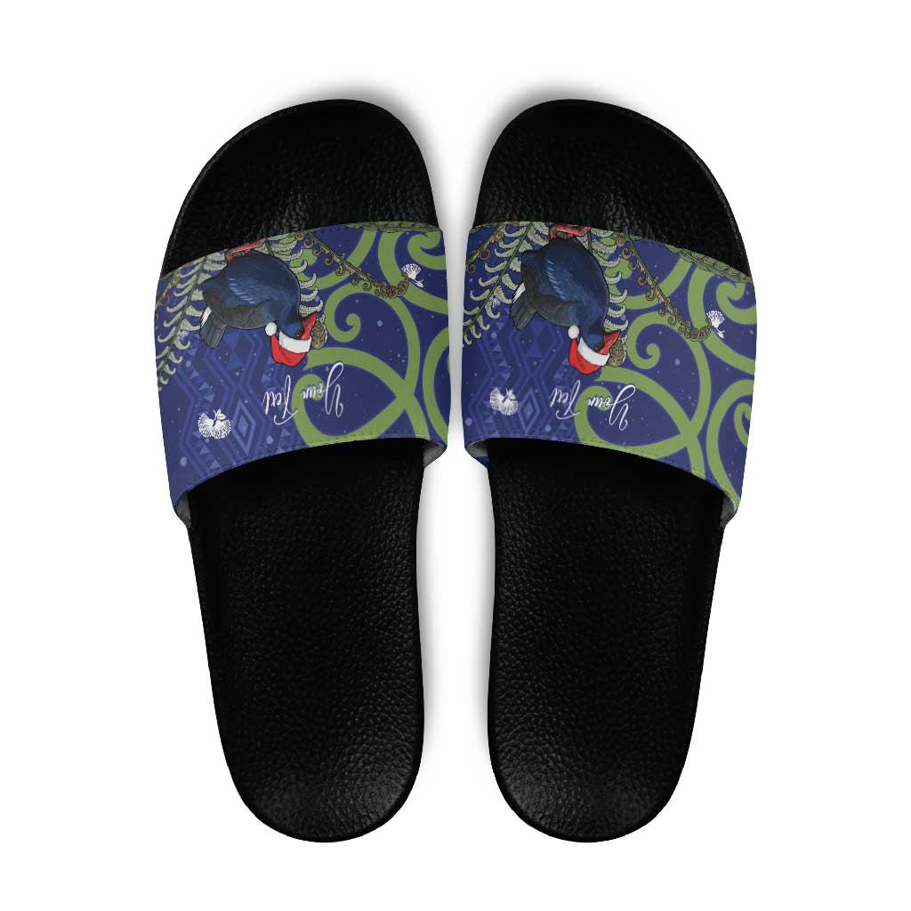 Personalized New Zealand Pukeko Christmas Slide Sandals Meri Kirihimete Taniko Ponga Koru Blue - Aussie Hoodie