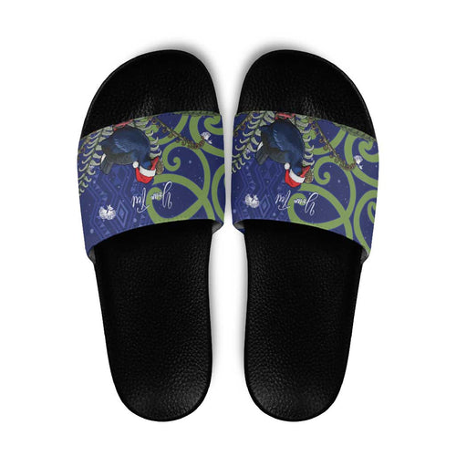 Personalized New Zealand Pukeko Christmas Slide Sandals Meri Kirihimete Taniko Ponga Koru Blue - Aussie Hoodie