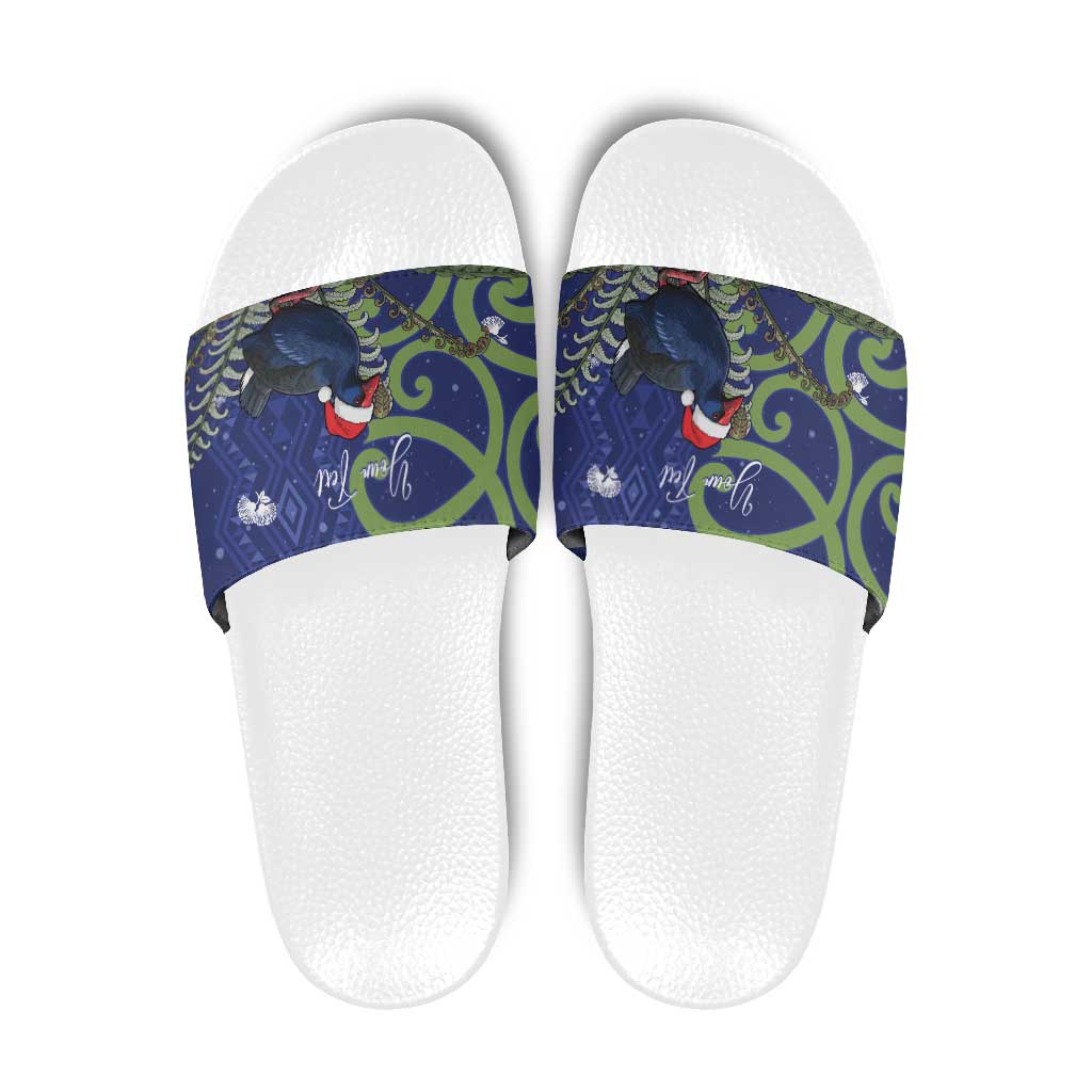 Personalized New Zealand Pukeko Christmas Slide Sandals Meri Kirihimete Taniko Ponga Koru Blue - Aussie Hoodie