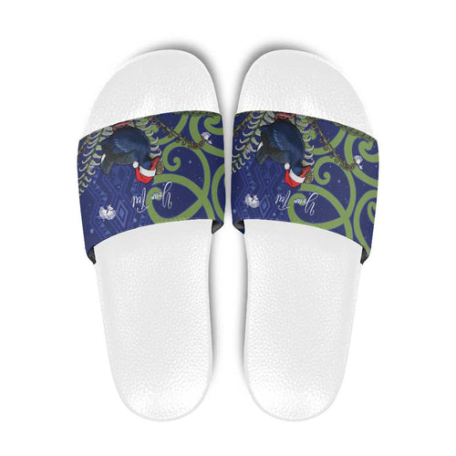 Personalized New Zealand Pukeko Christmas Slide Sandals Meri Kirihimete Taniko Ponga Koru Blue - Aussie Hoodie