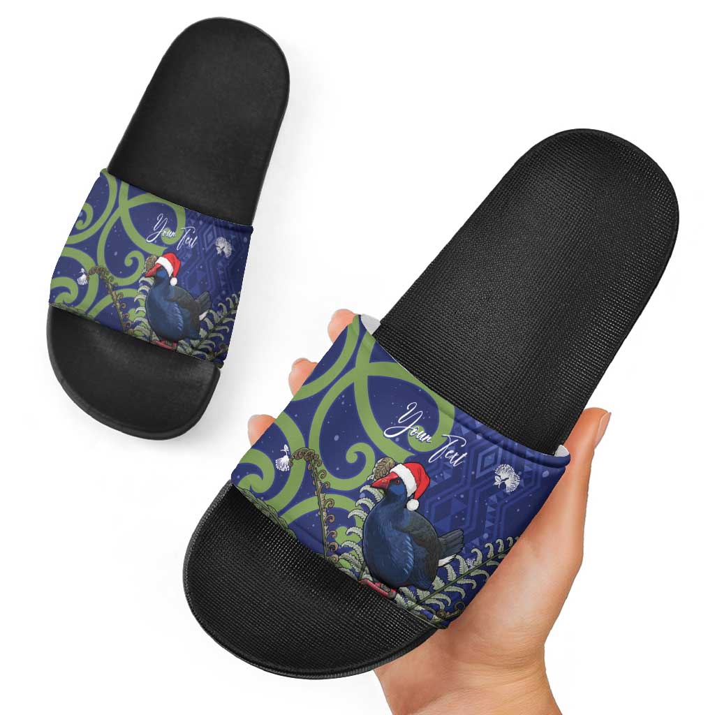 Personalized New Zealand Pukeko Christmas Slide Sandals Meri Kirihimete Taniko Ponga Koru Blue - Aussie Hoodie