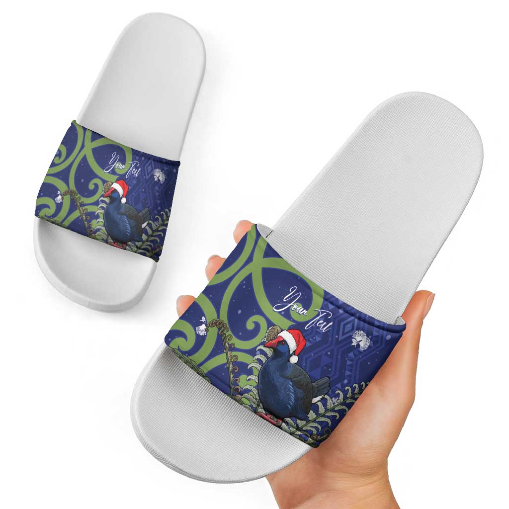 Personalized New Zealand Pukeko Christmas Slide Sandals Meri Kirihimete Taniko Ponga Koru Blue - Aussie Hoodie