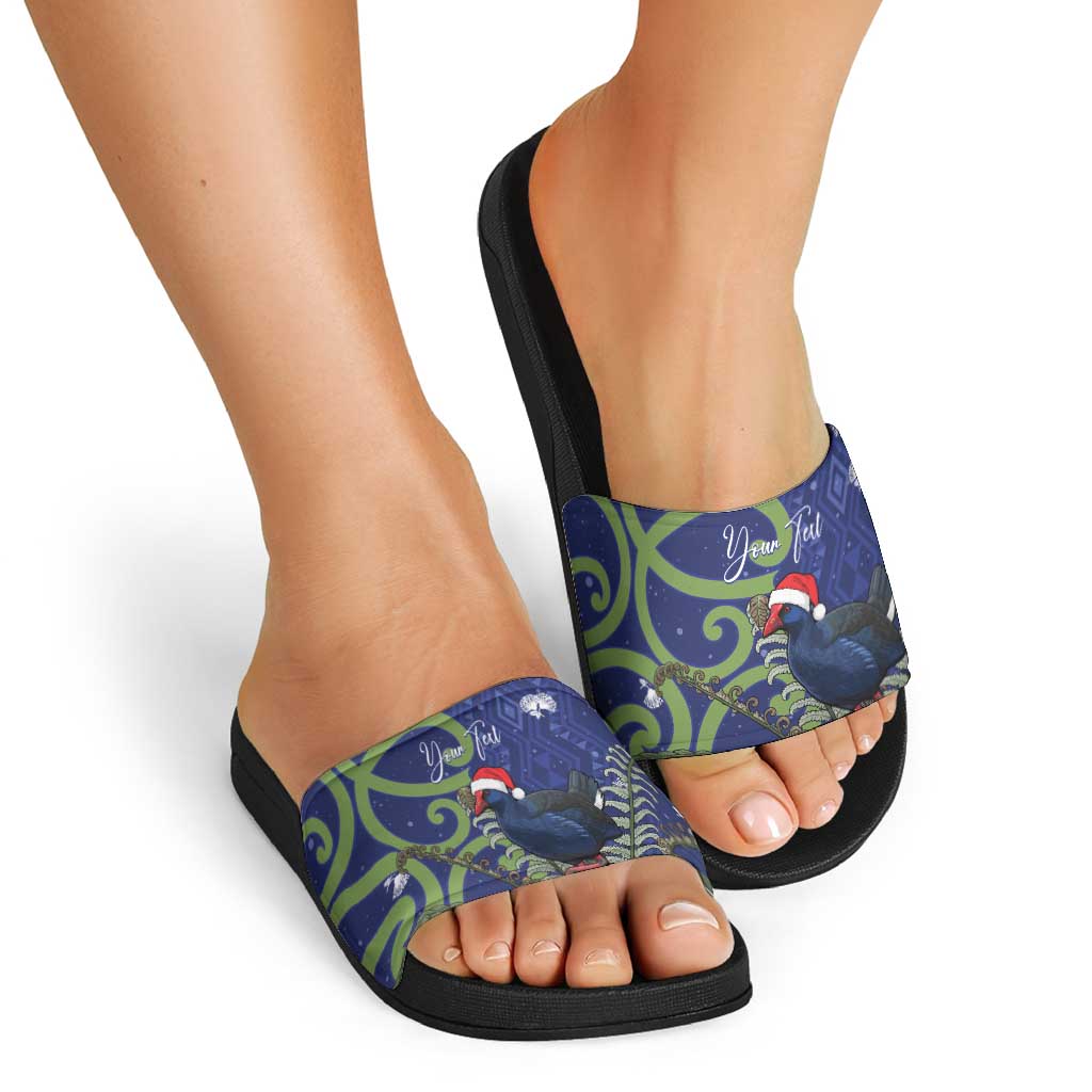 Personalized New Zealand Pukeko Christmas Slide Sandals Meri Kirihimete Taniko Ponga Koru Blue - Aussie Hoodie