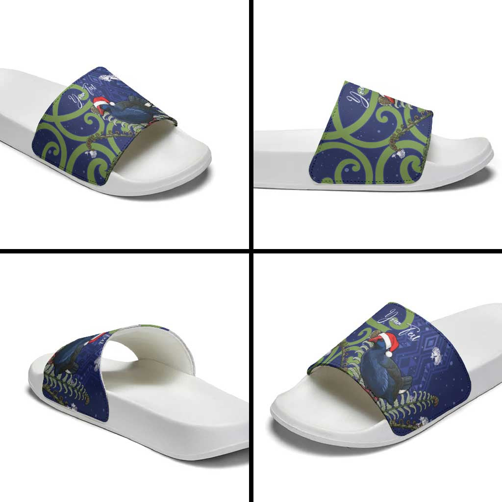 Personalized New Zealand Pukeko Christmas Slide Sandals Meri Kirihimete Taniko Ponga Koru Blue - Aussie Hoodie