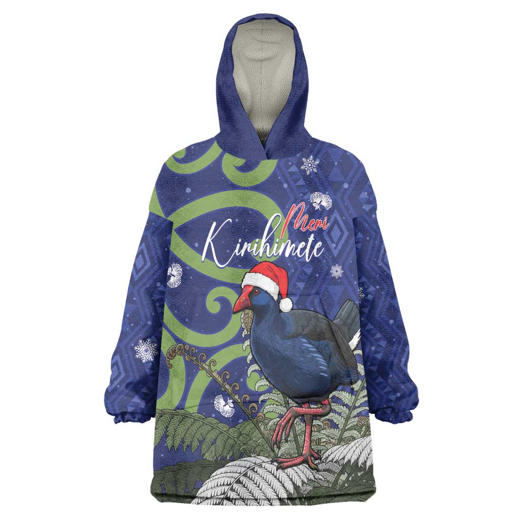 Personalized New Zealand Pukeko Christmas Wearable Blanket Hoodie Meri Kirihimete Taniko Ponga Koru Blue - Aussie Hoodie