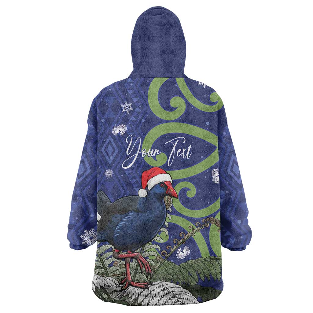 Personalized New Zealand Pukeko Christmas Wearable Blanket Hoodie Meri Kirihimete Taniko Ponga Koru Blue - Aussie Hoodie
