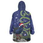 Personalized New Zealand Pukeko Christmas Wearable Blanket Hoodie Meri Kirihimete Taniko Ponga Koru Blue - Aussie Hoodie