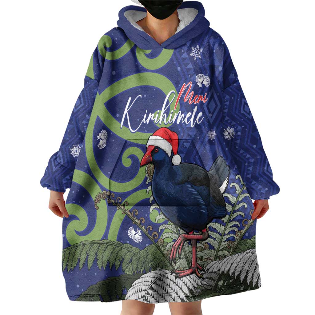 Personalized New Zealand Pukeko Christmas Wearable Blanket Hoodie Meri Kirihimete Taniko Ponga Koru Blue - Aussie Hoodie