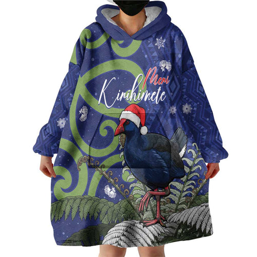 Personalized New Zealand Pukeko Christmas Wearable Blanket Hoodie Meri Kirihimete Taniko Ponga Koru Blue - Aussie Hoodie