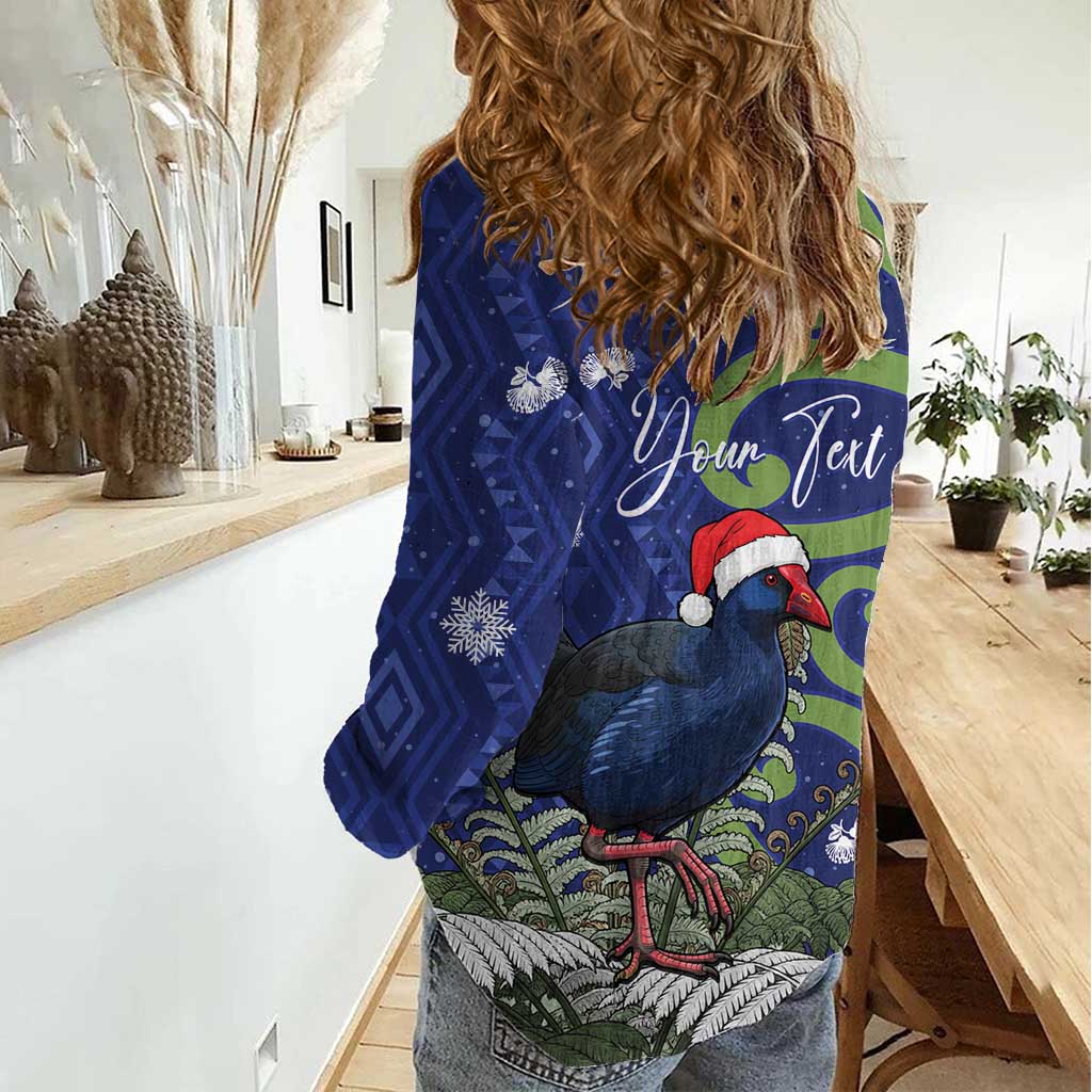 Personalized New Zealand Pukeko Christmas Women Casual Shirt Meri Kirihimete Taniko Ponga Koru Blue - Aussie Hoodie