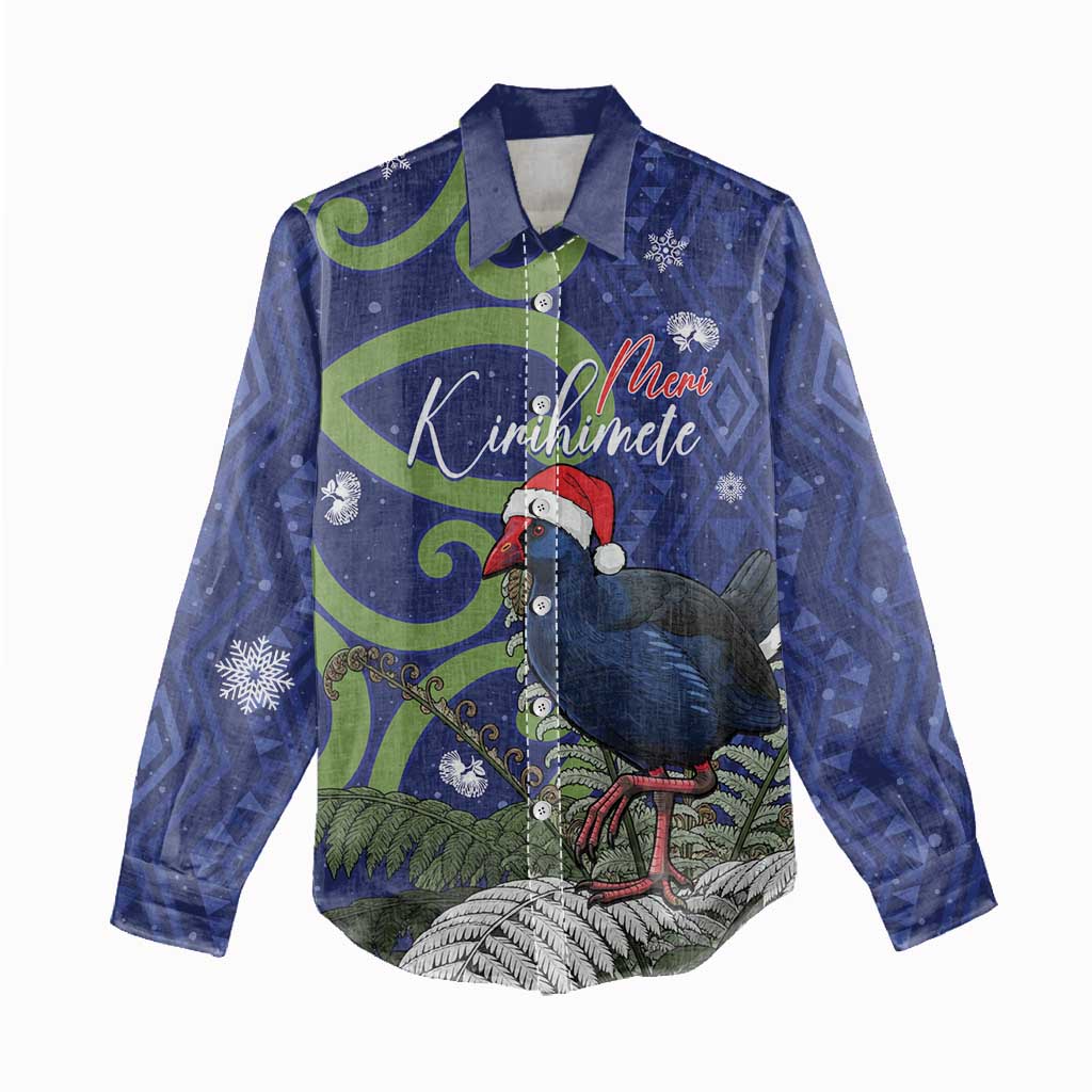 Personalized New Zealand Pukeko Christmas Women Casual Shirt Meri Kirihimete Taniko Ponga Koru Blue - Aussie Hoodie