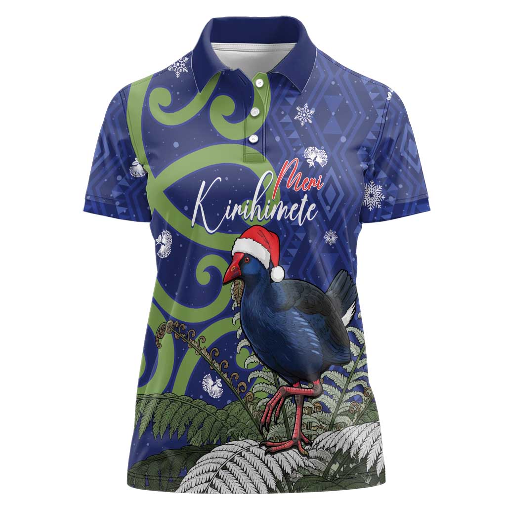 Personalized New Zealand Pukeko Christmas Women Polo Shirt Meri Kirihimete Taniko Ponga Koru Blue - Aussie Hoodie