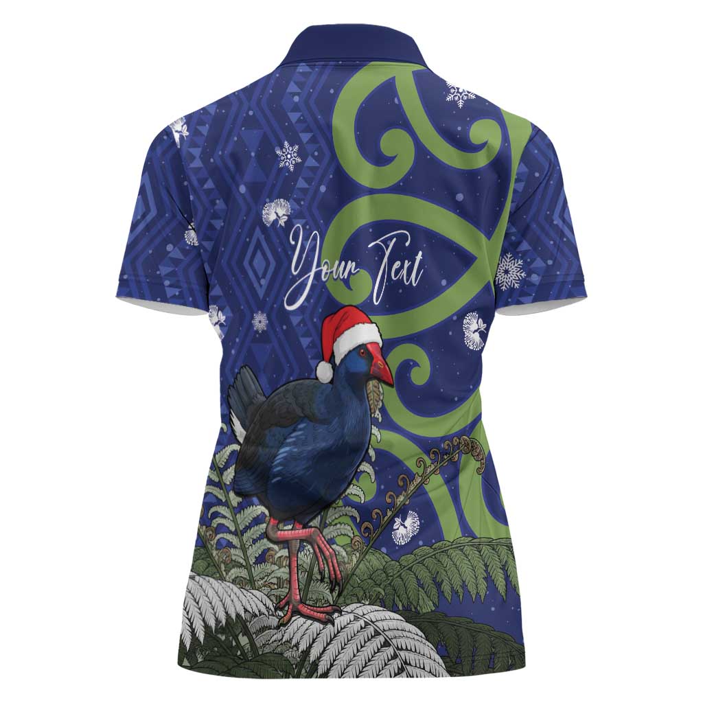 Personalized New Zealand Pukeko Christmas Women Polo Shirt Meri Kirihimete Taniko Ponga Koru Blue - Aussie Hoodie