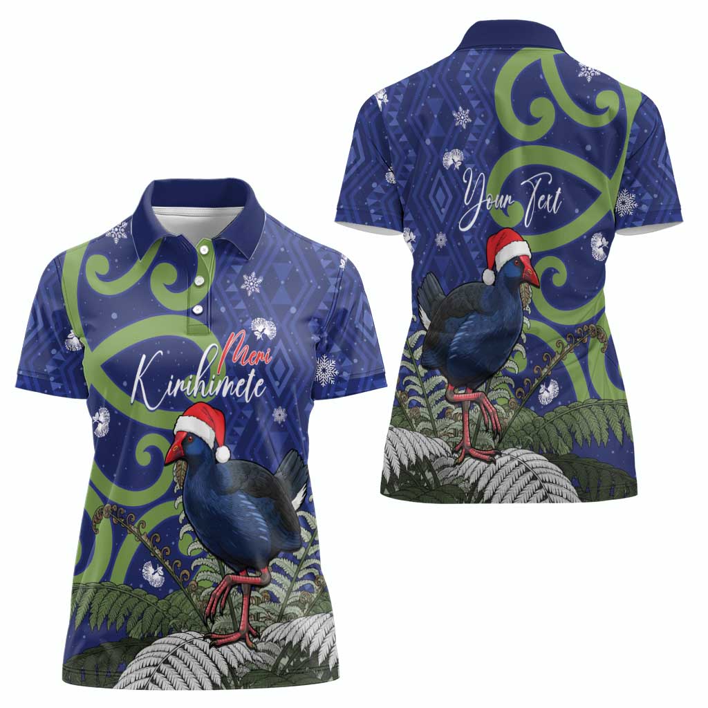 Personalized New Zealand Pukeko Christmas Women Polo Shirt Meri Kirihimete Taniko Ponga Koru Blue - Aussie Hoodie