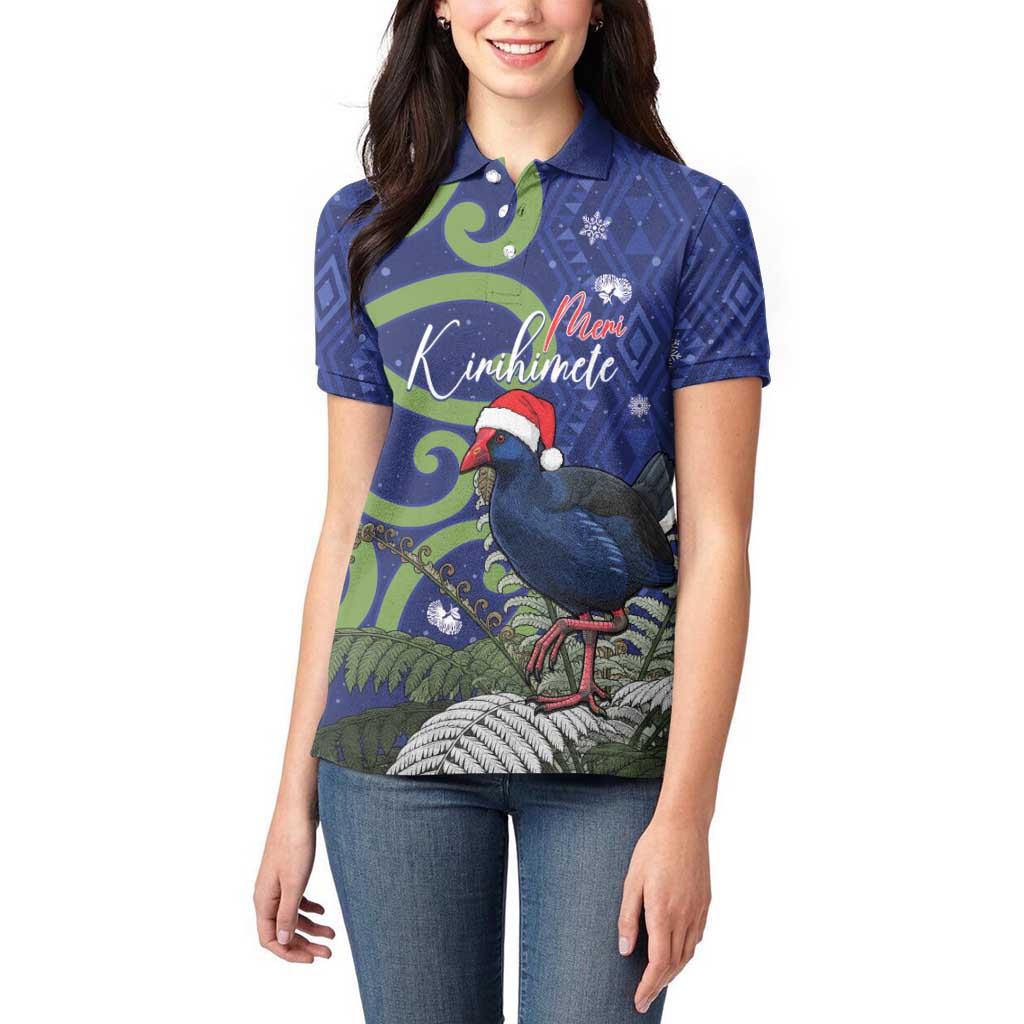 Personalized New Zealand Pukeko Christmas Women Polo Shirt Meri Kirihimete Taniko Ponga Koru Blue - Aussie Hoodie