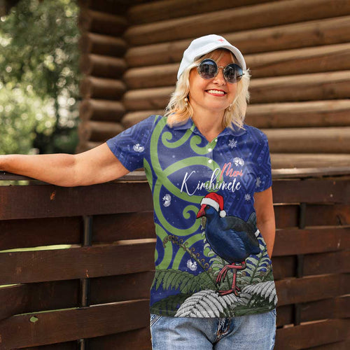 Personalized New Zealand Pukeko Christmas Women Polo Shirt Meri Kirihimete Taniko Ponga Koru Blue - Aussie Hoodie