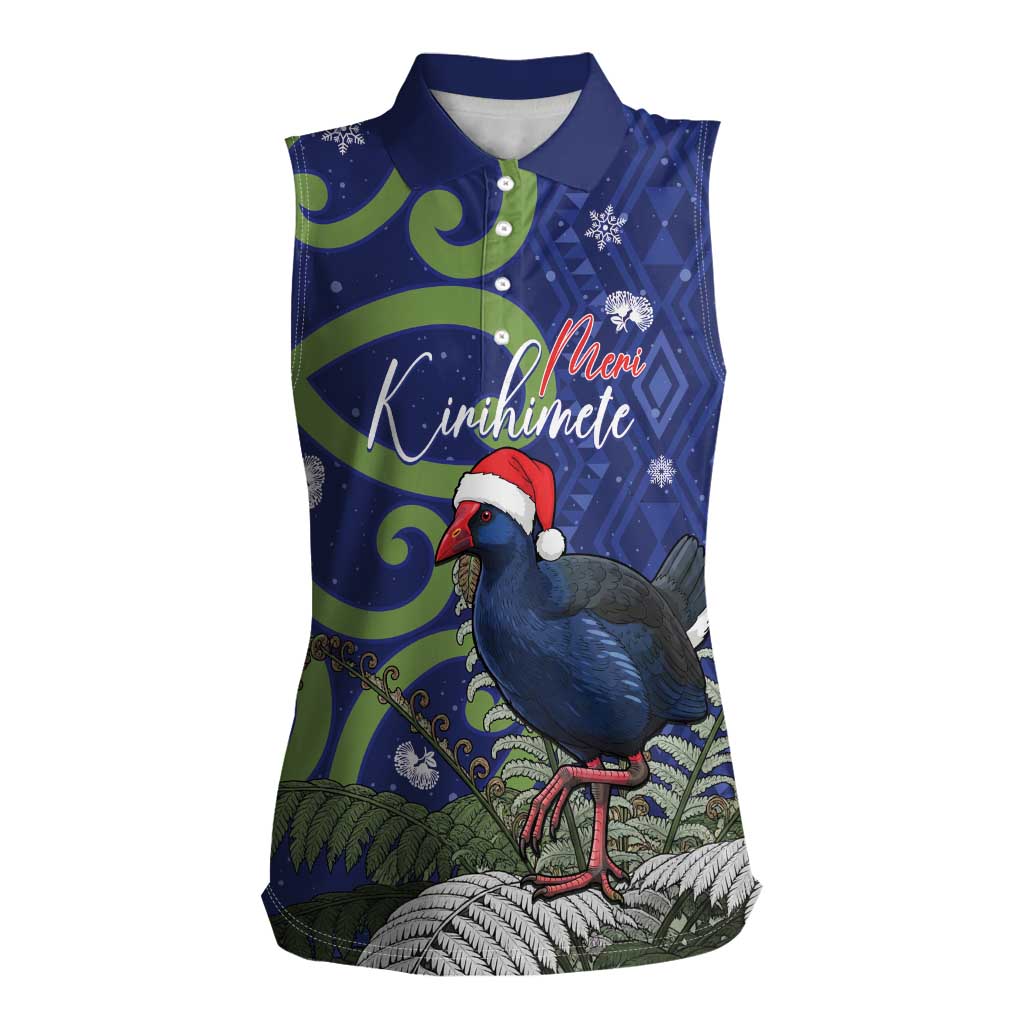 Personalized New Zealand Pukeko Christmas Women Sleeveless Polo Shirt Meri Kirihimete Taniko Ponga Koru Blue - Aussie Hoodie