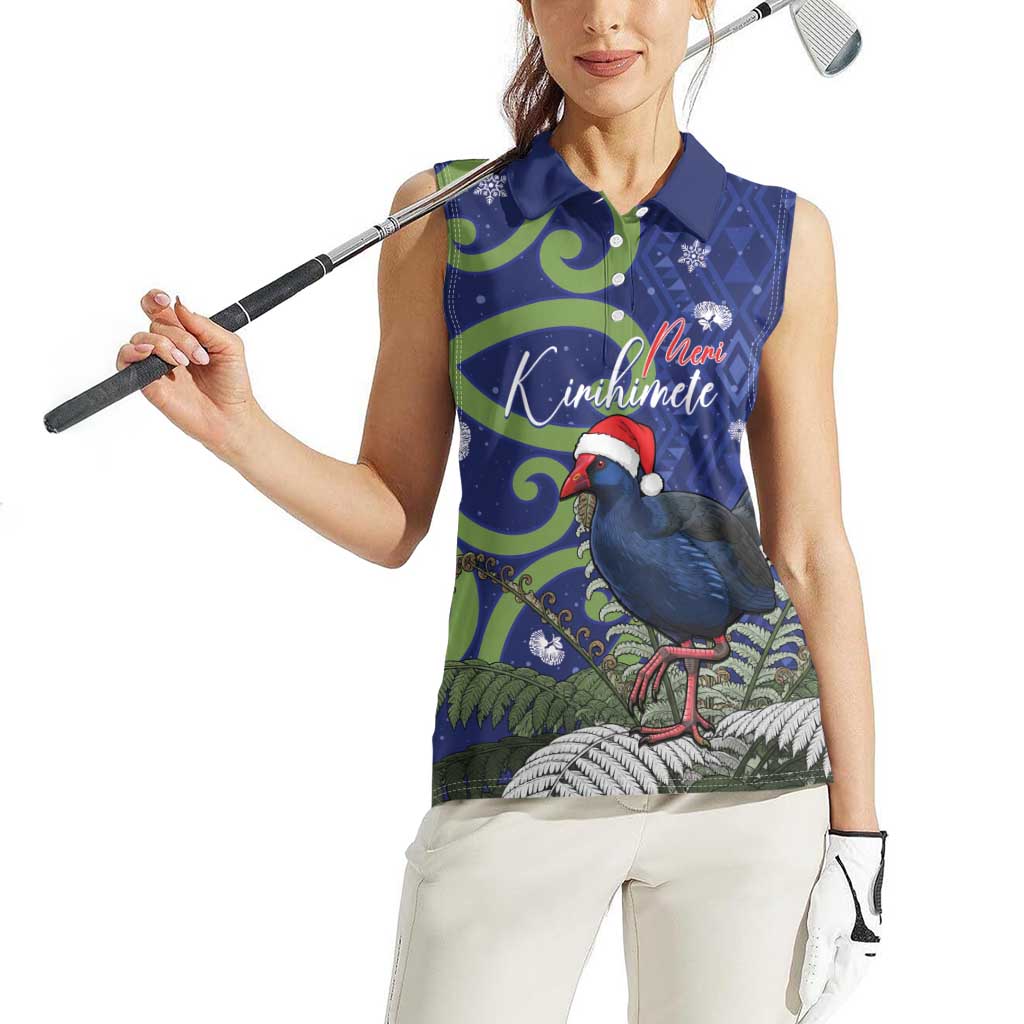 Personalized New Zealand Pukeko Christmas Women Sleeveless Polo Shirt Meri Kirihimete Taniko Ponga Koru Blue - Aussie Hoodie