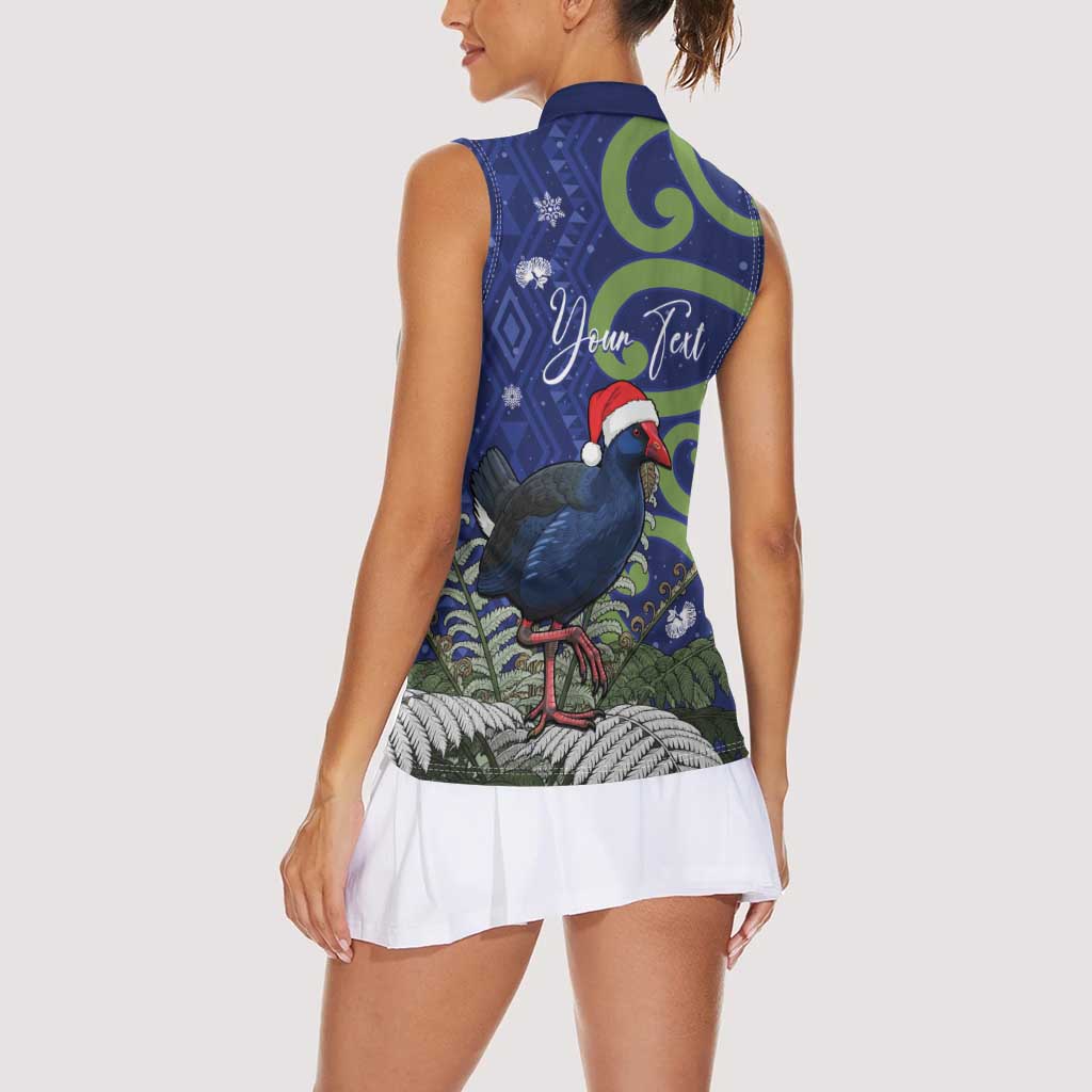 Personalized New Zealand Pukeko Christmas Women Sleeveless Polo Shirt Meri Kirihimete Taniko Ponga Koru Blue - Aussie Hoodie
