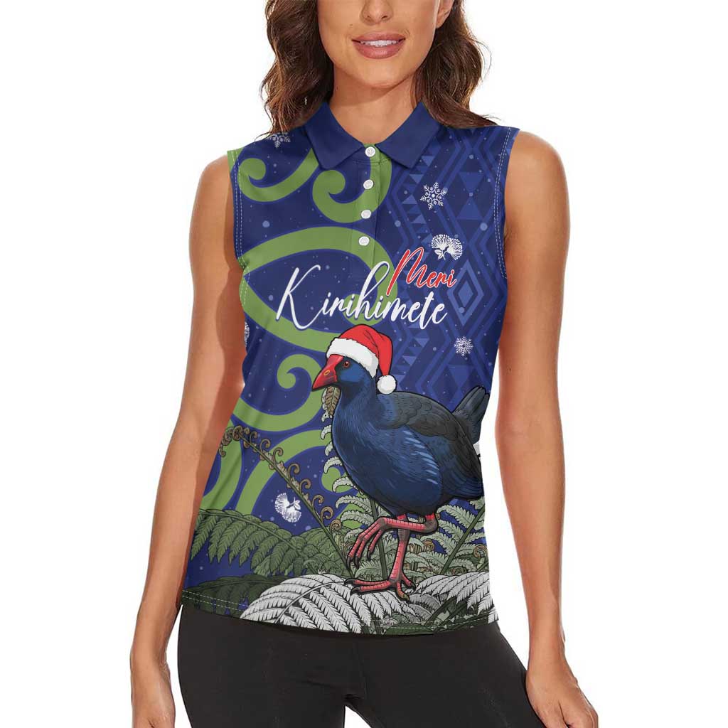 Personalized New Zealand Pukeko Christmas Women Sleeveless Polo Shirt Meri Kirihimete Taniko Ponga Koru Blue - Aussie Hoodie