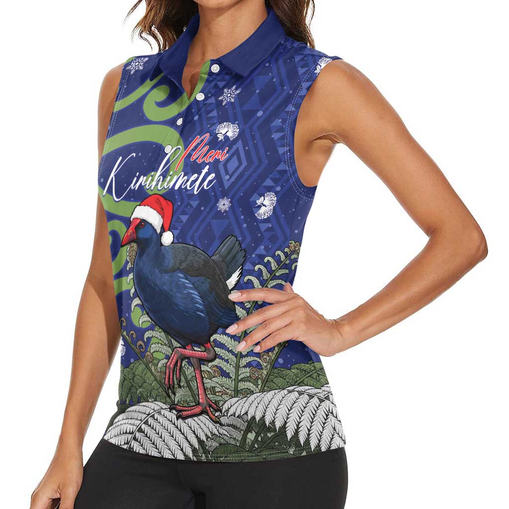 Personalized New Zealand Pukeko Christmas Women Sleeveless Polo Shirt Meri Kirihimete Taniko Ponga Koru Blue - Aussie Hoodie