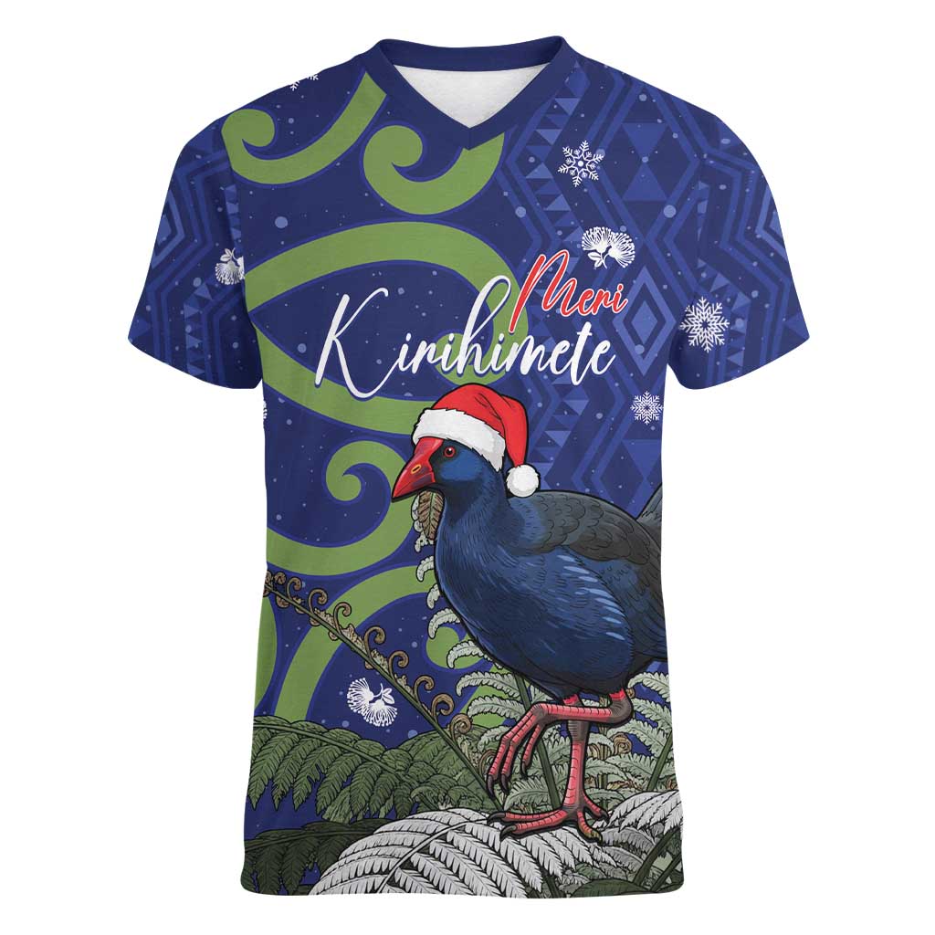 Personalized New Zealand Pukeko Christmas Women V-Neck T-Shirt Meri Kirihimete Taniko Ponga Koru Blue - Aussie Hoodie
