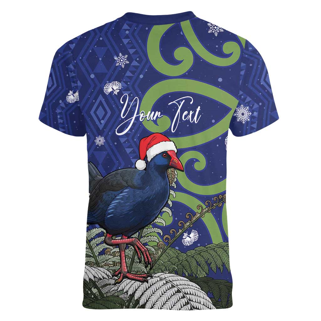 Personalized New Zealand Pukeko Christmas Women V-Neck T-Shirt Meri Kirihimete Taniko Ponga Koru Blue - Aussie Hoodie