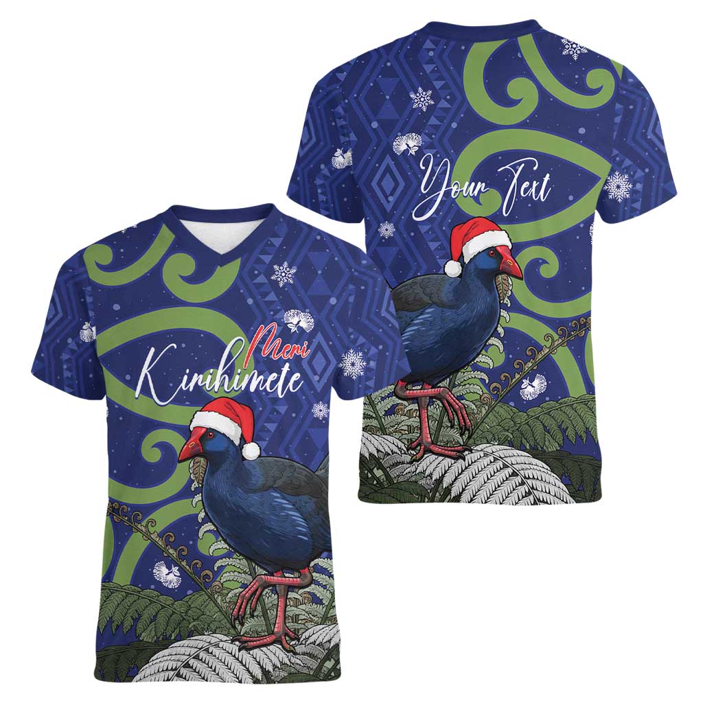Personalized New Zealand Pukeko Christmas Women V-Neck T-Shirt Meri Kirihimete Taniko Ponga Koru Blue - Aussie Hoodie
