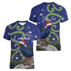 Personalized New Zealand Pukeko Christmas Women V-Neck T-Shirt Meri Kirihimete Taniko Ponga Koru Blue - Aussie Hoodie