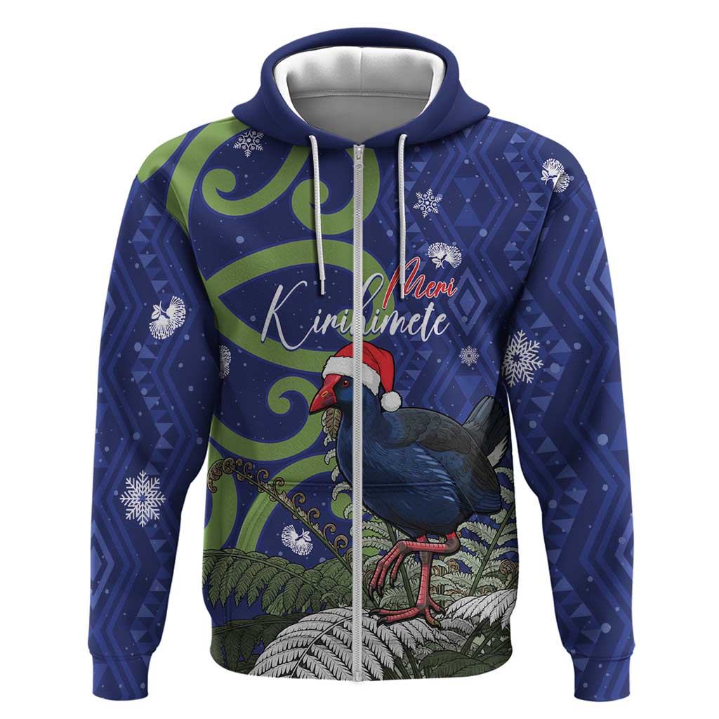 Personalized New Zealand Pukeko Christmas Zip Hoodie Meri Kirihimete Taniko Ponga Koru Blue - Aussie Hoodie