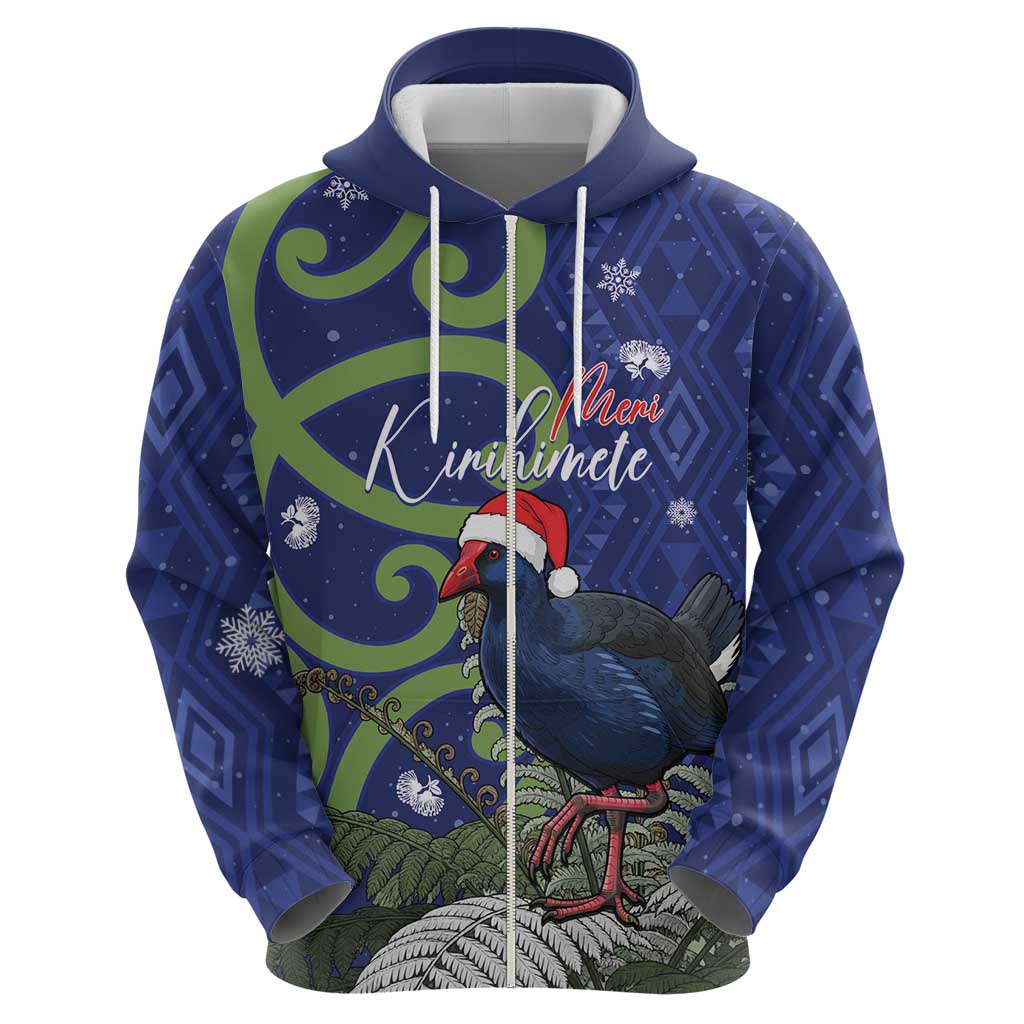 Personalized New Zealand Pukeko Christmas Zip Hoodie Meri Kirihimete Taniko Ponga Koru Blue - Aussie Hoodie