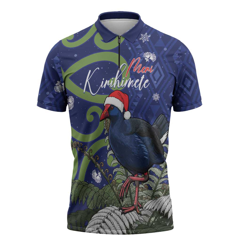 Personalized New Zealand Pukeko Christmas Zipper Polo Shirt Meri Kirihimete Taniko Ponga Koru Blue - Aussie Hoodie