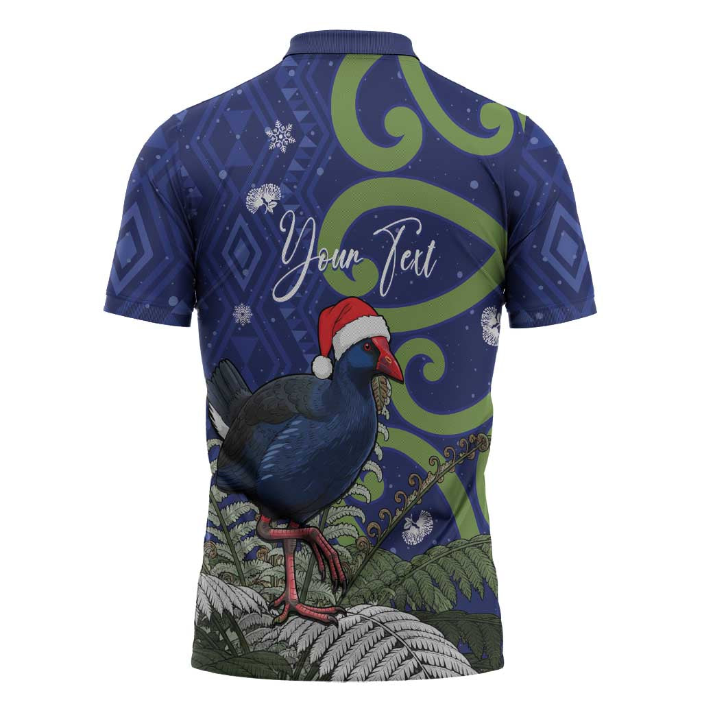 Personalized New Zealand Pukeko Christmas Zipper Polo Shirt Meri Kirihimete Taniko Ponga Koru Blue - Aussie Hoodie