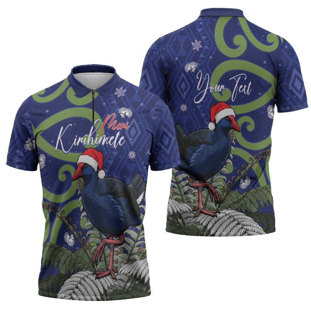 Personalized New Zealand Pukeko Christmas Zipper Polo Shirt Meri Kirihimete Taniko Ponga Koru Blue - Aussie Hoodie