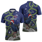 Personalized New Zealand Pukeko Christmas Zipper Polo Shirt Meri Kirihimete Taniko Ponga Koru Blue - Aussie Hoodie