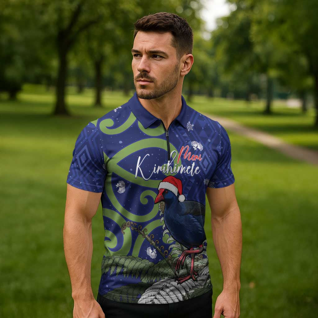 Personalized New Zealand Pukeko Christmas Zipper Polo Shirt Meri Kirihimete Taniko Ponga Koru Blue - Aussie Hoodie