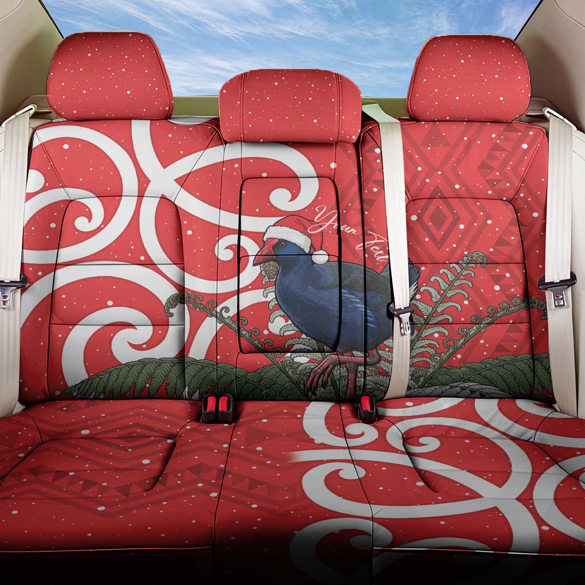 Personalized New Zealand Pukeko Christmas Back Car Seat Cover Meri Kirihimete Taniko Ponga Koru Red - Aussie Hoodie