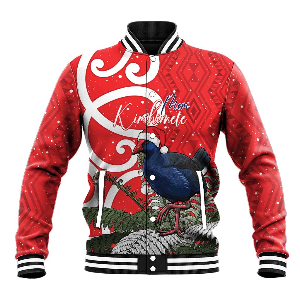 Personalized New Zealand Pukeko Christmas Baseball Jacket Meri Kirihimete Taniko Ponga Koru Red - Aussie Hoodie